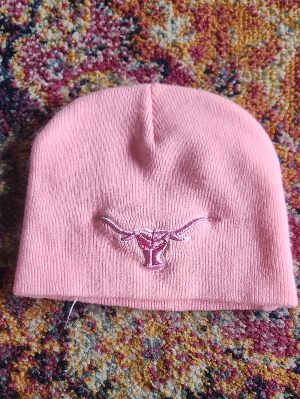 Pink Beanie Hat with Embroidered Longhorn Accent